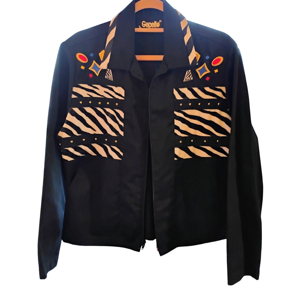 Vtg Gepetto Womens Statement Jacket Zebra Print Studded Cropped Zip Front Blazer